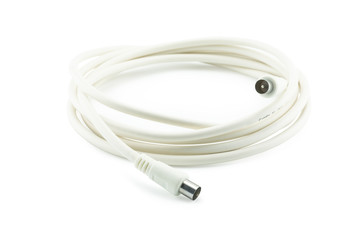 Bunch of white TV coaxial cables with connectors on white backgr