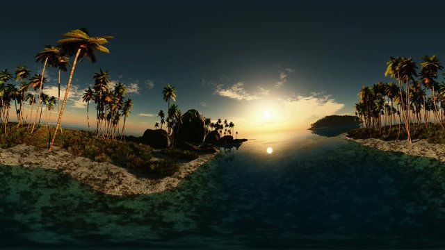 panoramic of tropical beach at sunset. made with оne 360 degree lense on moving camera without any seams. ready for 360 virtual reality