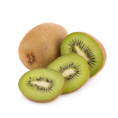 Whole kiwi fruit and his sliced segments isolated on white backg
