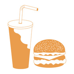 Stylized icon of a hamburger and a glass and straw with a cockta
