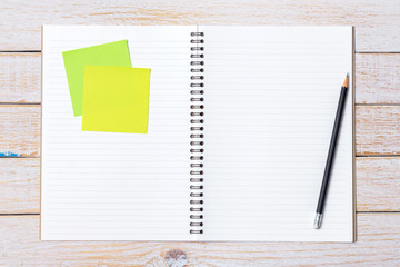 Blank open notebook on white wooden background, Business templat