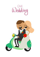 the bride and groom on a scooter