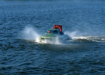 Amphibious boat "Slavir 636" on the river Moscow.