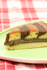 Triangular chocolate cake on green triangular plate