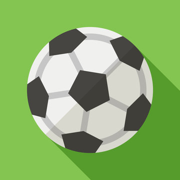 Vector illustration. Icon of toy leather black and white soccer ball in flat design with shadow effect