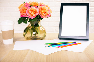 Coffee, flowers and frame