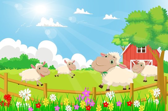  cartoon sheep with a farm scenery