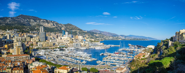 Panoramic view on the hills and harbor of Monaco - 111373825