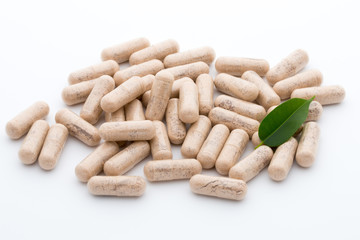 Ginkgo biloba capsule on the white background.