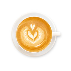 Cup of coffee latte art on white background