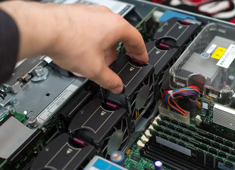 Fototapeta premium Computer technician installing cooler fan into motherboard.