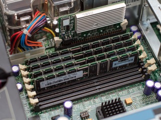 Inside of server pc. Motherboard and RAM memory.