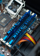 Inside of pc. Motherboard, CPU socket and RAM memory.