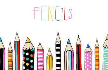 Set of ten colored pencils on white background in sketch fun style.line of colored pencils.Back to school. Pencils background. template, color, book, greeting, school, 