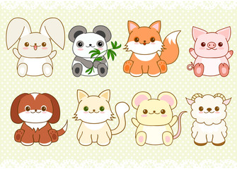 Set of cute baby animals in kawaii style