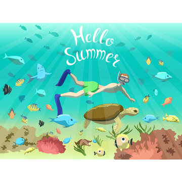 Underwater illustration of a young man snorkeling with ocean turtle. "Hello, summer" illustration.