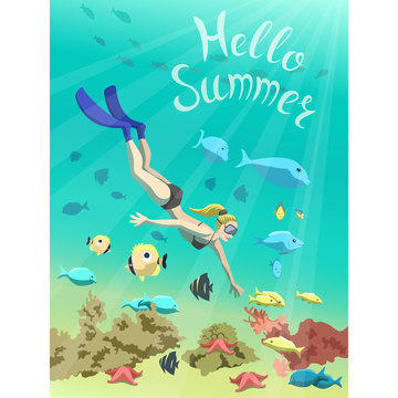 Underwater illustration of a young lady snorkeling with sea animals. "Hello, summer" illustration.