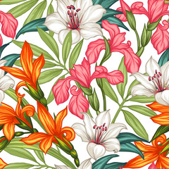 Seamless exotic pattern with tropical leaves and flowers. Blooming jungle. Vector illustration.