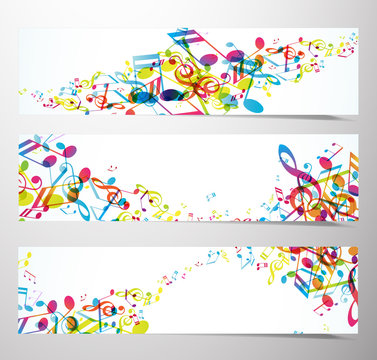 Set of website banners with colorful music notes.