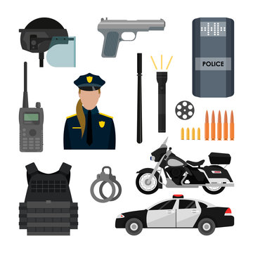 Vector set of police objects and equipment isolated on white background. Design items, icons.