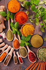 Variety of spices on kitchen table