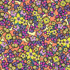 vector seamless cute hand drawn multicolor gentle flower garden pattern, little romantic summer fantasy ditsy with outline background allover print 