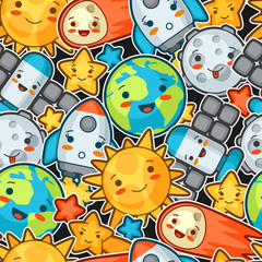 Kawaii space seamless pattern. Doodles with pretty facial expression. Illustration of cartoon sun, earth, moon, rocket and celestial bodies