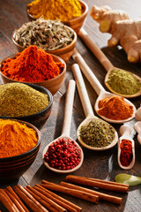 Variety of spices on kitchen table