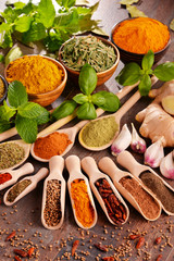 Variety of spices on kitchen table