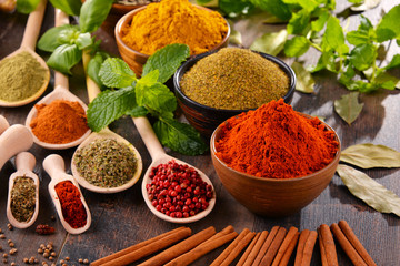 Variety of spices on kitchen table