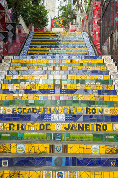 Colorful mosaic tiles at the Escadaria Selaron Steps in Rio de Janeiro, Brazil