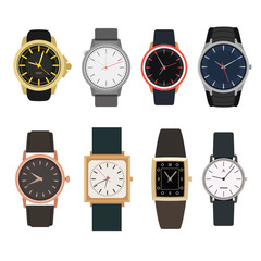 Set of watches in classic design. Vector illustration. Man gold accessory isolated on white background