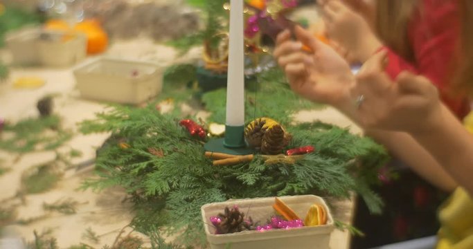 the Christmas Composition of Advent Wreath Branches at the Table New Year's Master Class