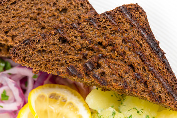 Grilled bread and marinated red onion.