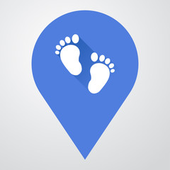 Icono plano localizacion con pisadas de bebé con sombra.