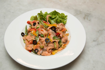  salmon salad with red pepper and olive pickle