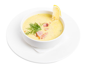 Clam chowred soup with roast bacon.