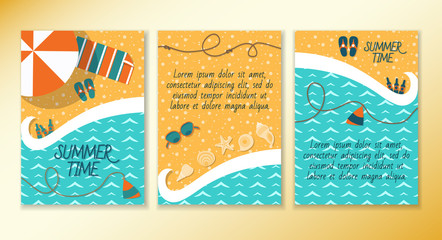 Set of summer leaflets top view of the coast and beach items. Ready to Print. Front page and back page.