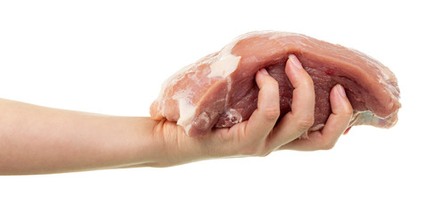 Raw piece  pork in  female hand isolated on white background.