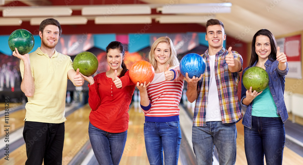 Poster happy friends in bowling club