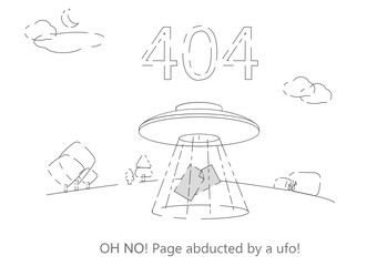 404 error page vector template for website. Outer space landscape with UFO stealing a pages with ray of light.Planets and stars in space. Text warning message 404 page not found