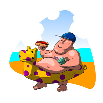 Fat man on the beach, having a shake and a hot dog. Wearing a blue hat and a float.