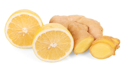 Fresh lemon and ginger isolated on  white background.