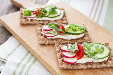 Crispbread with tomatoes, radish, cucumber and arugula