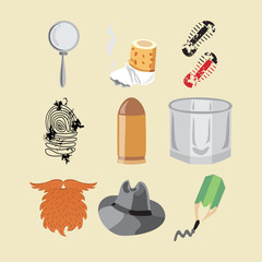 Set of color illustrations with symbols detective.