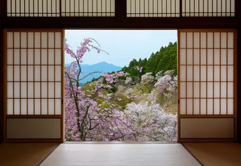 Fototapeten Japanische Schiebetüren und wunderschöne Landschaft mit Kirschbäumen im Frühling © David Carillet