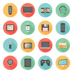 Technology and multimedia flat icons with long shadow