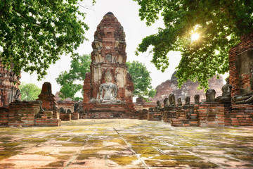 View of Wat Mahathat (Maha That) is located in Ayutthaya Historical Park (UNESCO World Heritage Site) in Phra Nakhon Si Ayutthaya Province, Thailand