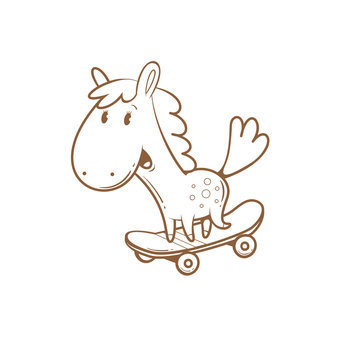 Card with cute cartoon  horse riding on  skateboard. Funny animal. Children's illustration. Vector contour image. Transparent background.