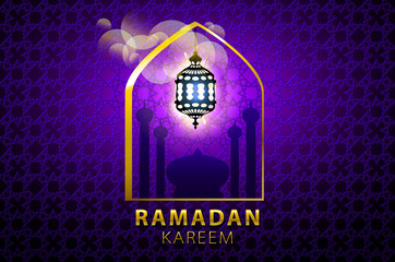 Ramadan greeting card on violet background. Vector illustration. Ramadan Kareem means Ramadan is generous.